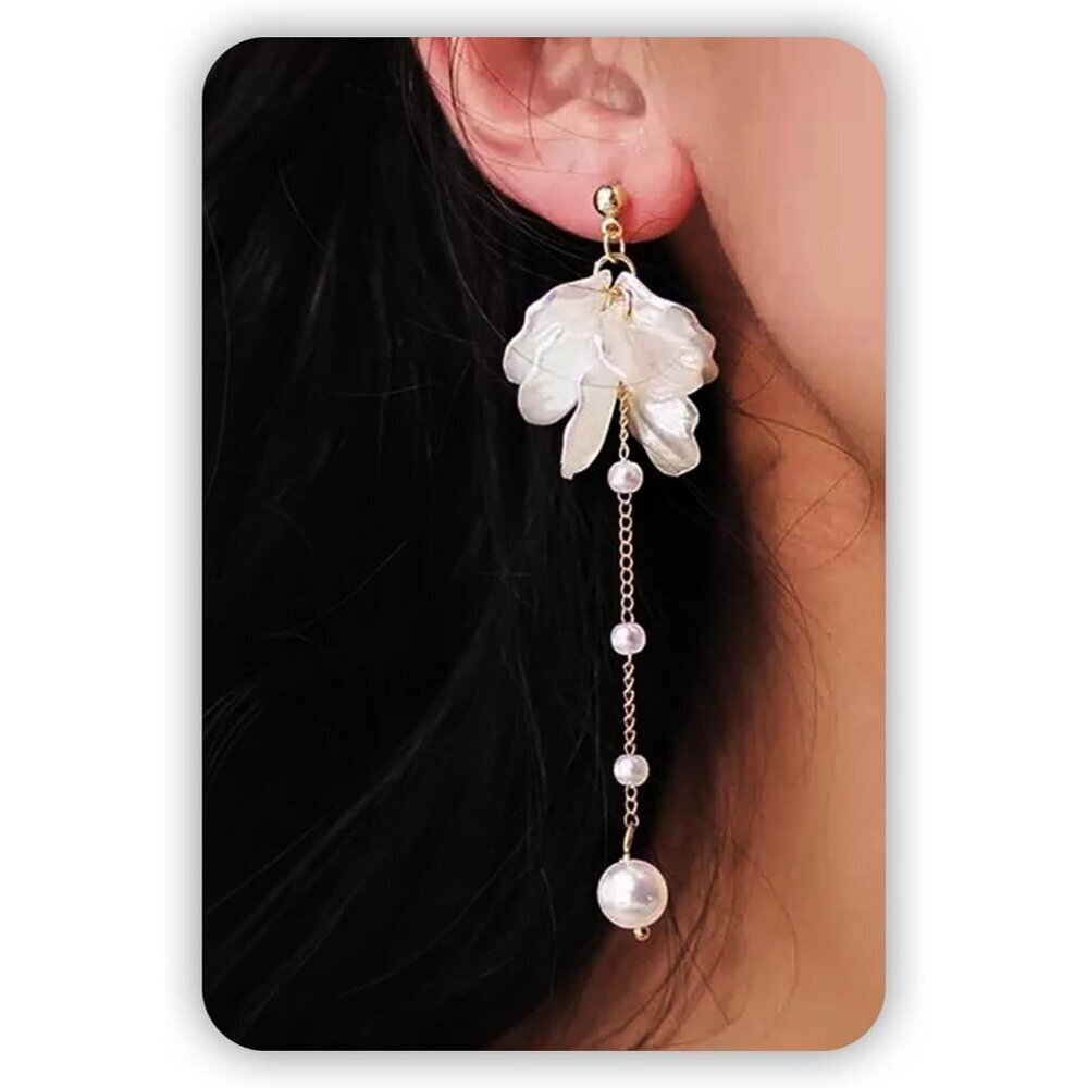 Women's Flower Pearl Earring Silver Bow Drop Jewelry Freshwater Pearl Bridal